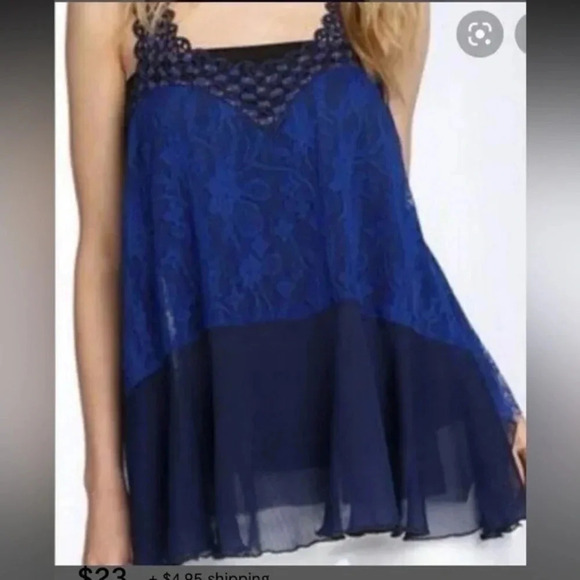 Free People | Boho Hippie Sheer Cobalt Blue Lace Crepe Swing Tank Blouse Size XS - Picture 1 of 3